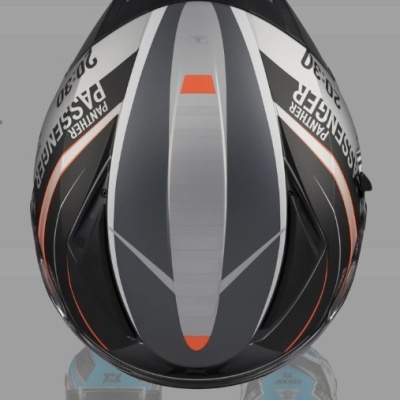 Capacete de moto preto, cinzento, branco e laranja com texto PANTHER BASSENGER 20-30