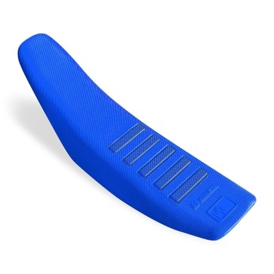 Banco azul para mota com tiras cinzentas e símbolo 'K' na ponta