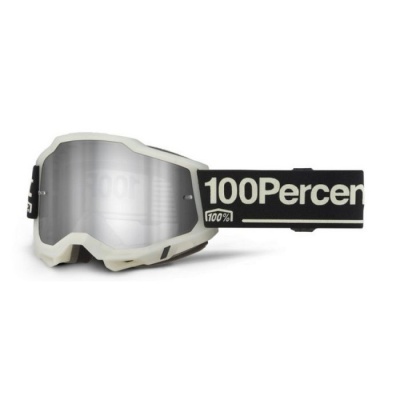 Óculos de proteção desportivos brancos com lente espelhada e tira preta com texto '100Percent'