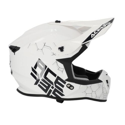 Capacete integral branco com padrão hexagonal e texto preto