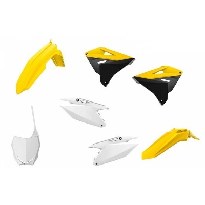 Peças de plástico amarelas, pretas e brancas para moto em fundo branco