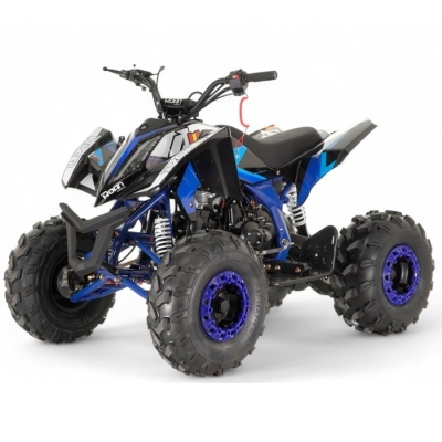 Quad motorizado preto azul e branco com jantes roxas em fundo branco