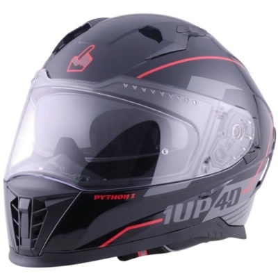 Capacete integral preto com detalhes em vermelho e cinza e visor transparente