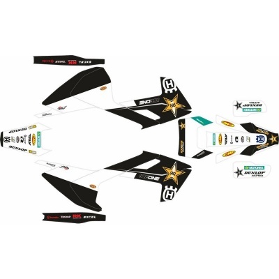Autocolantes de motocicleta preto, branco e amarelo com vários logotipos e textos