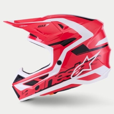 Capacete motocross vermelho, branco e preto com visor ajustável