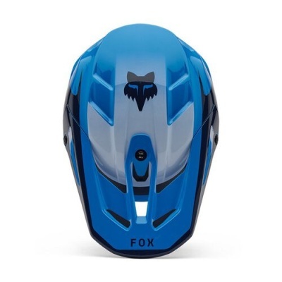 Capacete Azul Cinza Preto com Símbolo de Raposa e Texto FOX