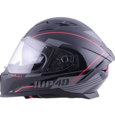 Capacete de motociclista preto com detalhes vermelhos e cinzentos