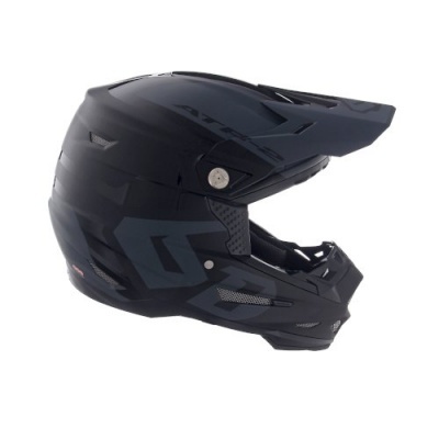 Capacete de motocross preto fosco com detalhes cinza escuro e visor ajustável