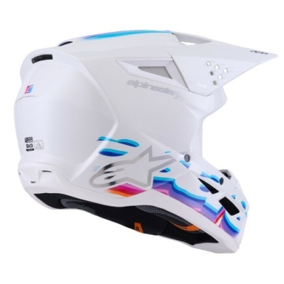Capacete de motocross branco com detalhes coloridos e viseira ajustável
