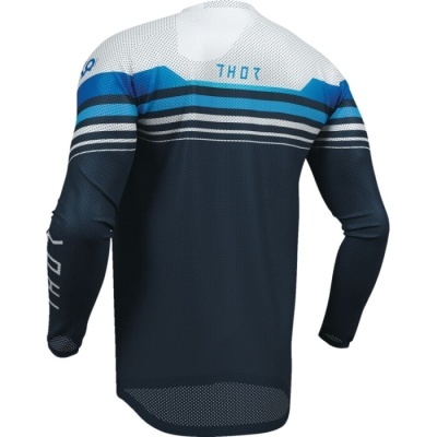 Camisola desportiva de manga comprida azul, branco e preto com riscas e texto THOR