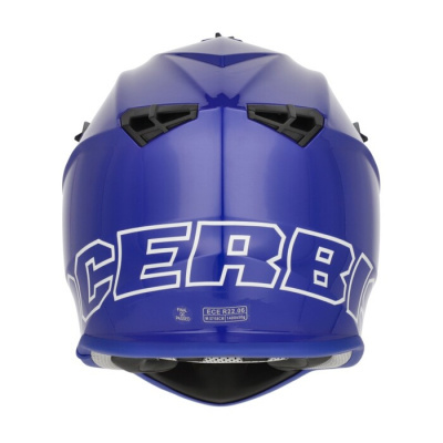 Capacete de mota azul com letras CERBU e ventoinhas negras