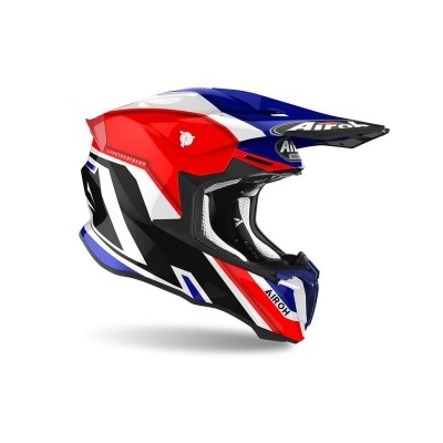 Capacete motocross Airoh vermelho, azul, preto e branco com texto AIROH