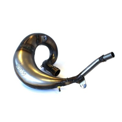 Escape de moto curvado em metal com inscrição FMF