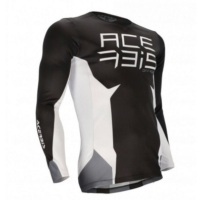 Camisola desportiva de manga comprida preta com texto branco 'ACE333' e detalhes em branco e cinzento
