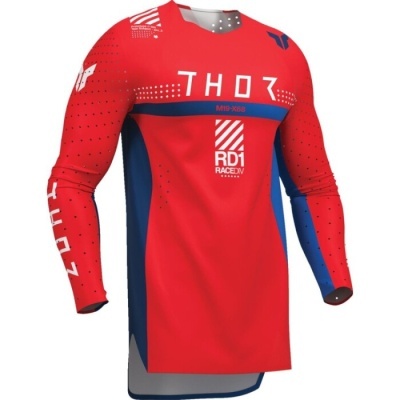 Camisola motocross THOR vermelha e azul com texto RD1 e THOR