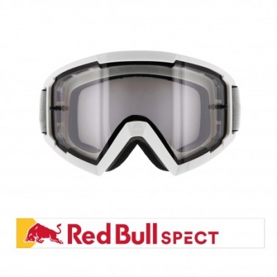 Óculos de proteção desportivos Red Bull SPECT com armação branca e lentes fumadas.