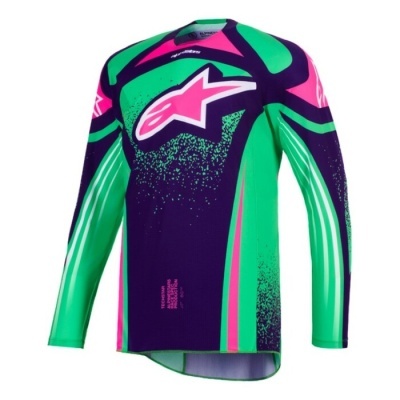 Camisola de motocross verde, roxa e rosa com logo Alpinestars e texto técnico