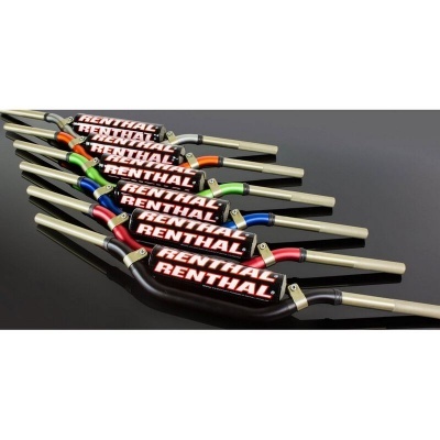 Guiadores de mota Renthal em várias cores com almofadas de proteção pretas e texto RENTHAL