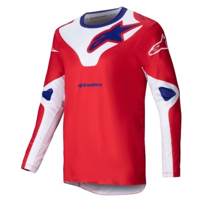 Camisola desportiva vermelha com detalhes em branco e azul e logótipos Alpinestars