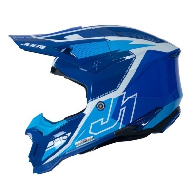 Capacete azul de motocross com detalhes brancos e preto e texto JUST1