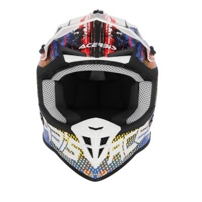 Capacete motocross com grafismo colorido e texto ACERBIS