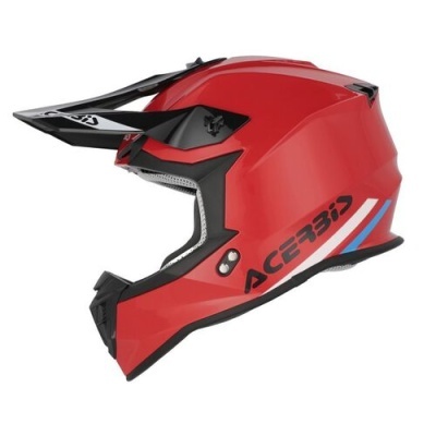 Capacete integral vermelho com marcas pretas e detalhes branco e azul