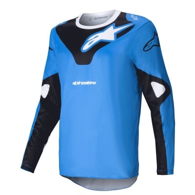 Camisola desportiva azul e preta com logótipos alpinestars brancos