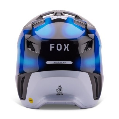 Capacete de moto azul e cinza com texto FOX e (IN)ORGANIC na parte traseira.
