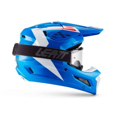Capacete integral de motocross azul com detalhes brancos e vermelhos com faixa preta LEATT