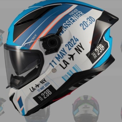 Capacete de mota com design de bilhete de avião azul, branco e preto