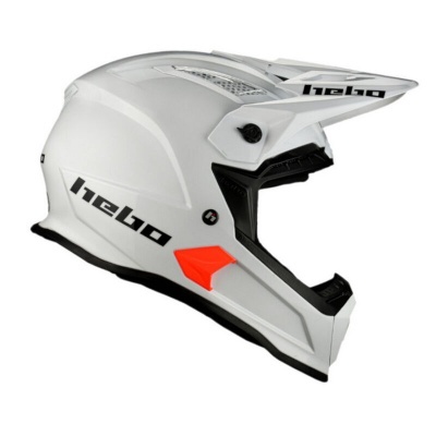 Capacete integral branco para motocross com detalhes pretos e um destaque laranja na lateral