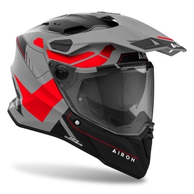 capacete de moto integral cinza preto e vermelho com viseira transparente e texto AIROH