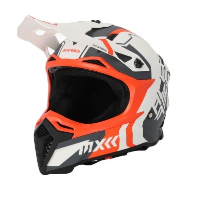 Capacete integral motocross branco, preto e laranja com texto ACERBIS e MX