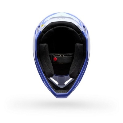 Capacete integral azul e branco com interior acolchoado preto