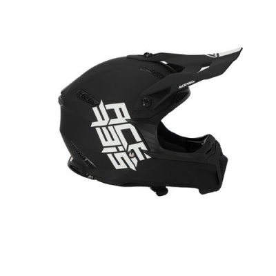 Capacete motocross preto fosco com texto branco e viseira ajustável