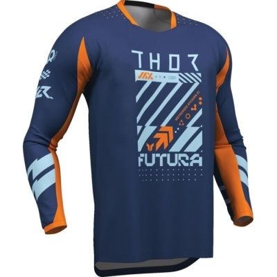 Camisola desportiva azul com estampado geométrico e texto THOR FUTURA