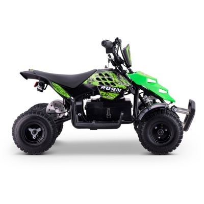 Quadriciclo eléctrico preto e verde com texto Raptor ROAN Racing 500W