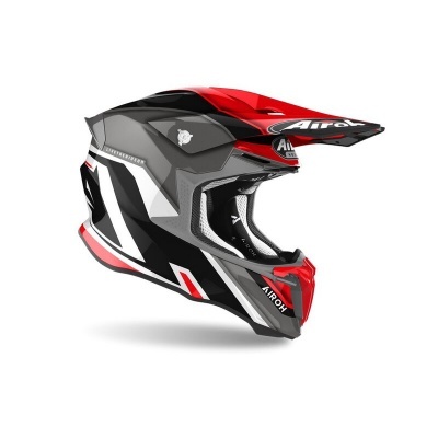 capacete motocross vermelho, preto e branco com texto Airoh
