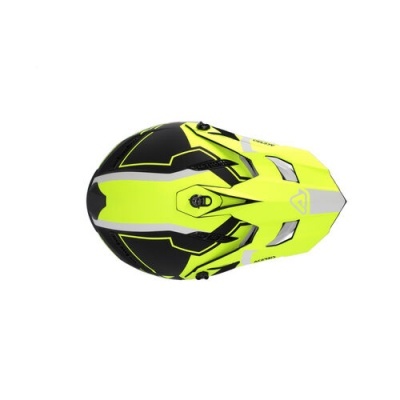 Capacete de moto integral preto, amarelo fluorescente e cinzento com design geométrico