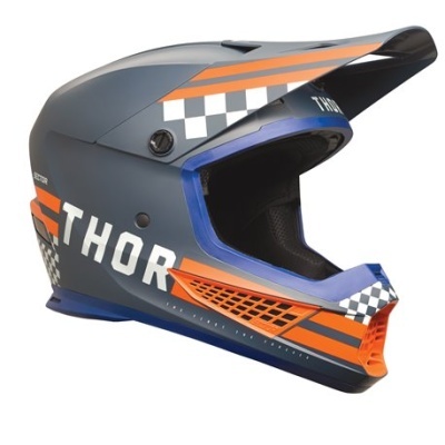 Capacete de motocross cinza, azul, laranja e branco com texto THOR.