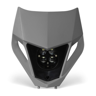 Carcaça frontal cinzenta de motocicleta com luzes LED pretas