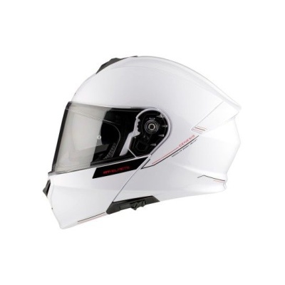 Capacete de mota modular branco com viseira transparente e detalhes em preto e vermelho