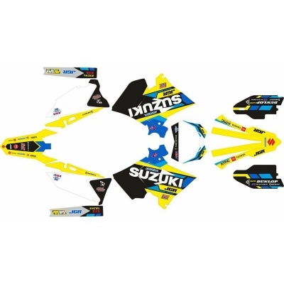 Autocolantes de mota Suzuki amarelos, pretos, azuis e brancos com logótipos