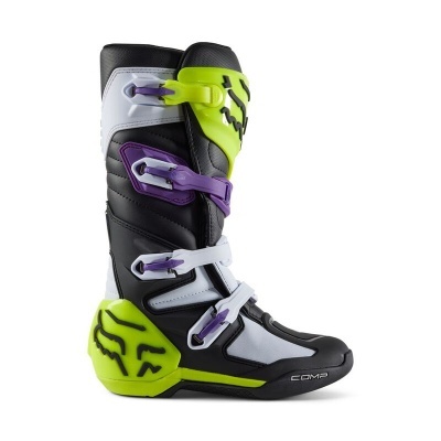 Bota motard motocross preta, branca, roxa e amarelo fluorescente com fechos ajustáveis