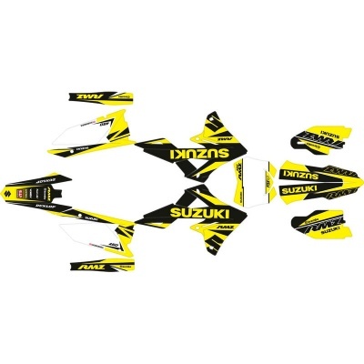 Conjunto de autocolantes com design preto, amarelo e branco para mota Suzuki RMZ.