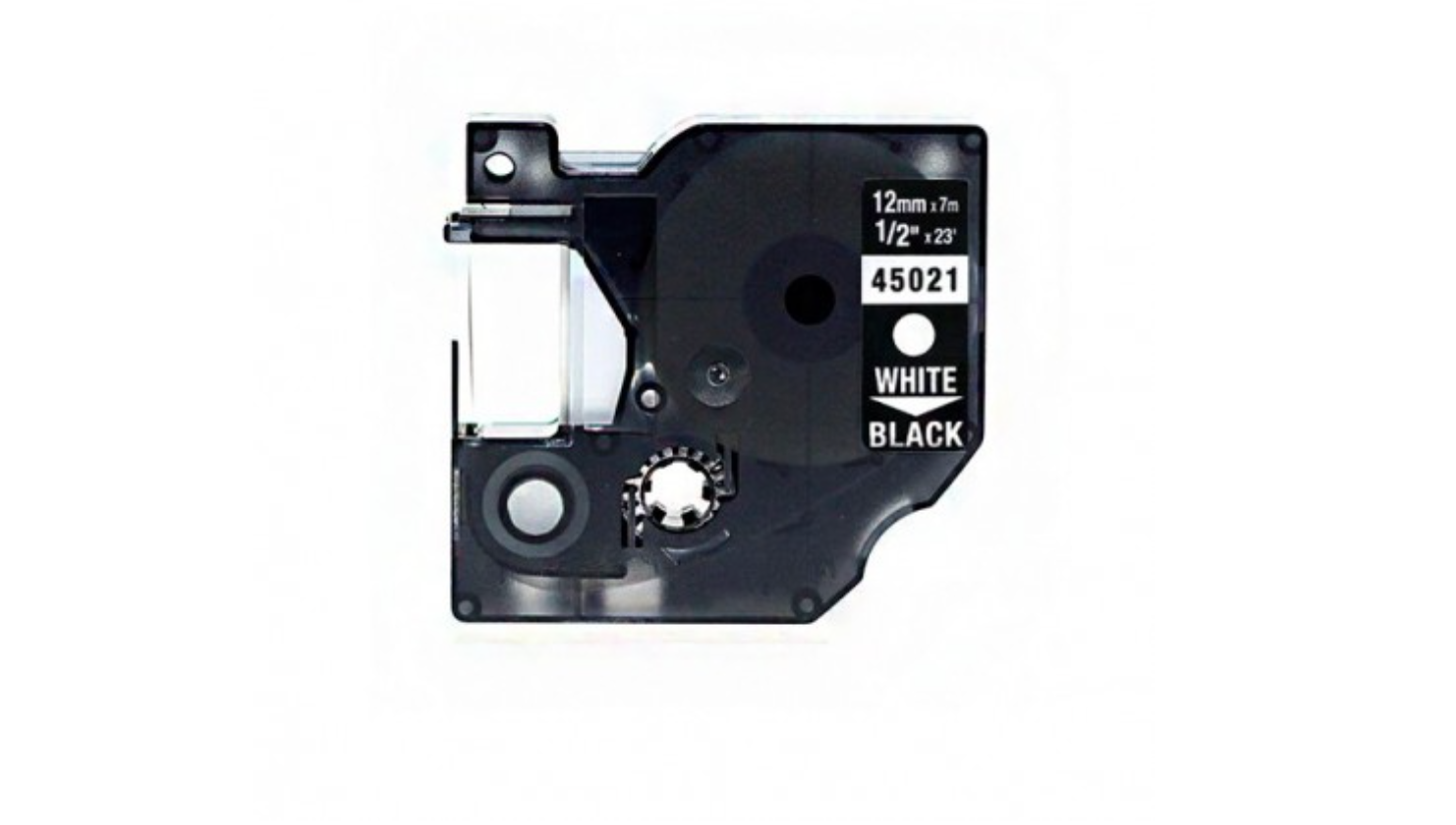Etiquetas Dymo D1 45021 Generica para Rotuladora Texto branco sobre fundo preto Fita preta e branca para rotuladora modelo 45021 em fundo branco