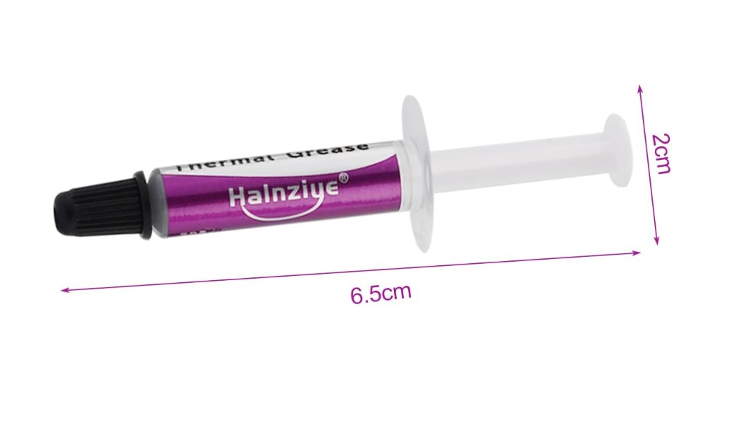 Pasta Térmica HY883 6,5 W/MK 1,5 G Seringa de pasta térmica roxa com tampão preto e medidas em fundo branco