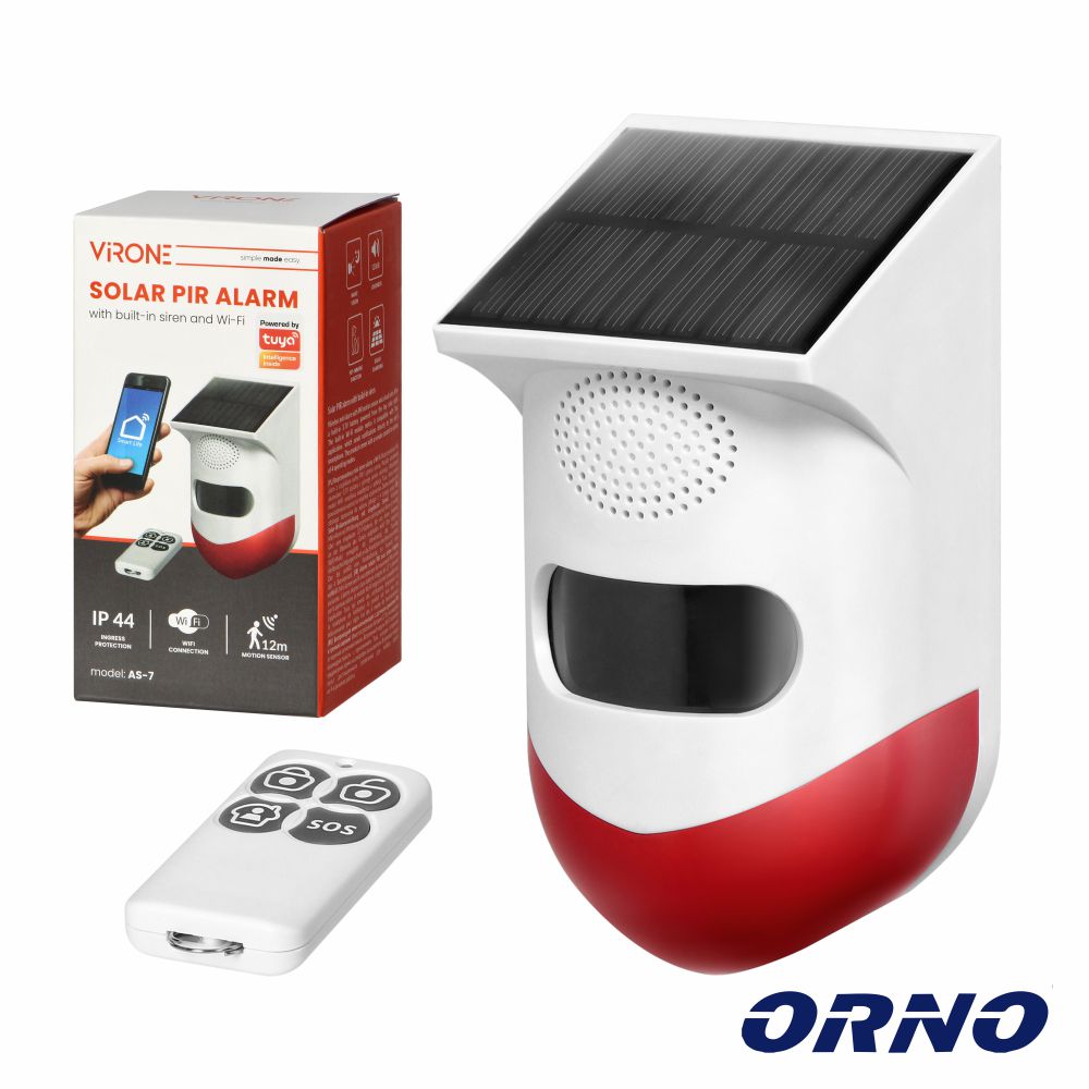 Alarme Solar PIR S/ Fios C/ Sirene E Comando Tuya Orno com APP para smartphone Alarme solar PIR branco e vermelho com painel solar, controle remoto e embalagem ao fundo