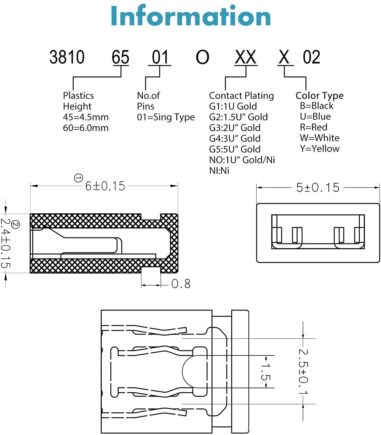 Jumper 2-Pinos 2,54 mm fêmea amarelo Diagrama técnico de conector elétrico com dimensões e especificações codificadas