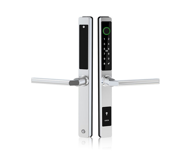 Fechadura eletrónica prateada com teclado e pega